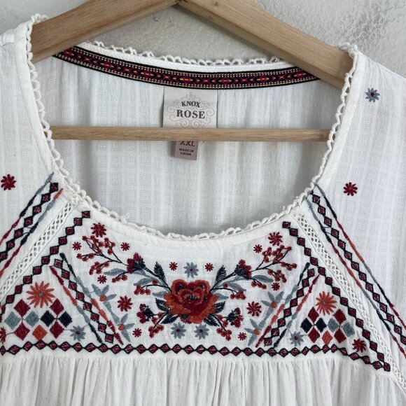 Knox Rose Womens Plus XXL Embroidered White Peasant Blouse Short Sleeve Boho Top - Picture 8 of 11